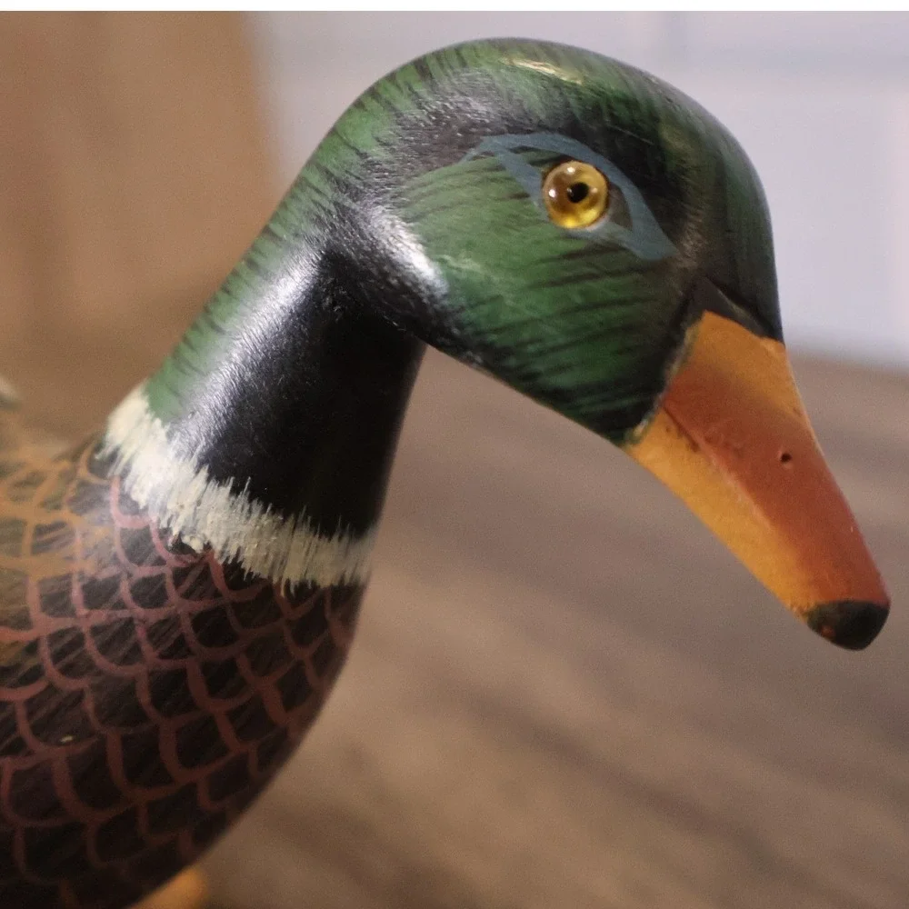 Vintage Hand Carved Painted Standing Mallard Duck Sculpture Wood Base Folk Art